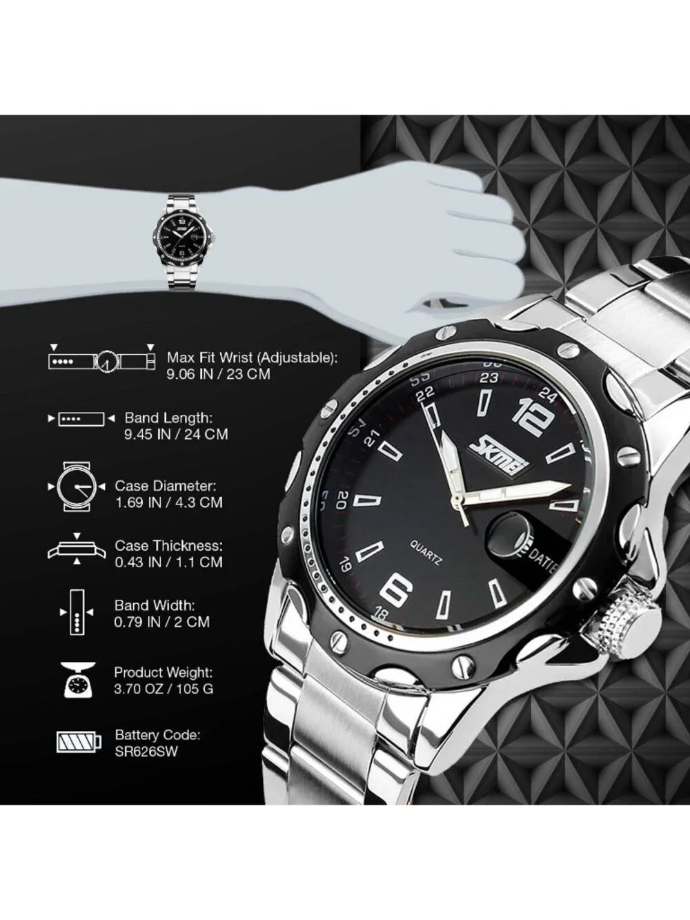 Men's Silver Black Analog Quartz Stainless Steel Waterproof Luxury Wrist Watch